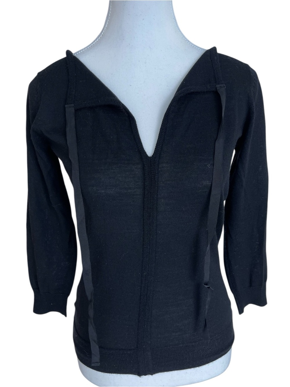 Black Merino Wool Knit Scoop Neck Sweater Ribbon Tie Size Small